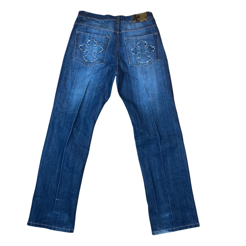Brooklyn Xpress Embroidered Cross Pockets Blue Jeans 34x33 (36x34 Tag) Y2K Fade